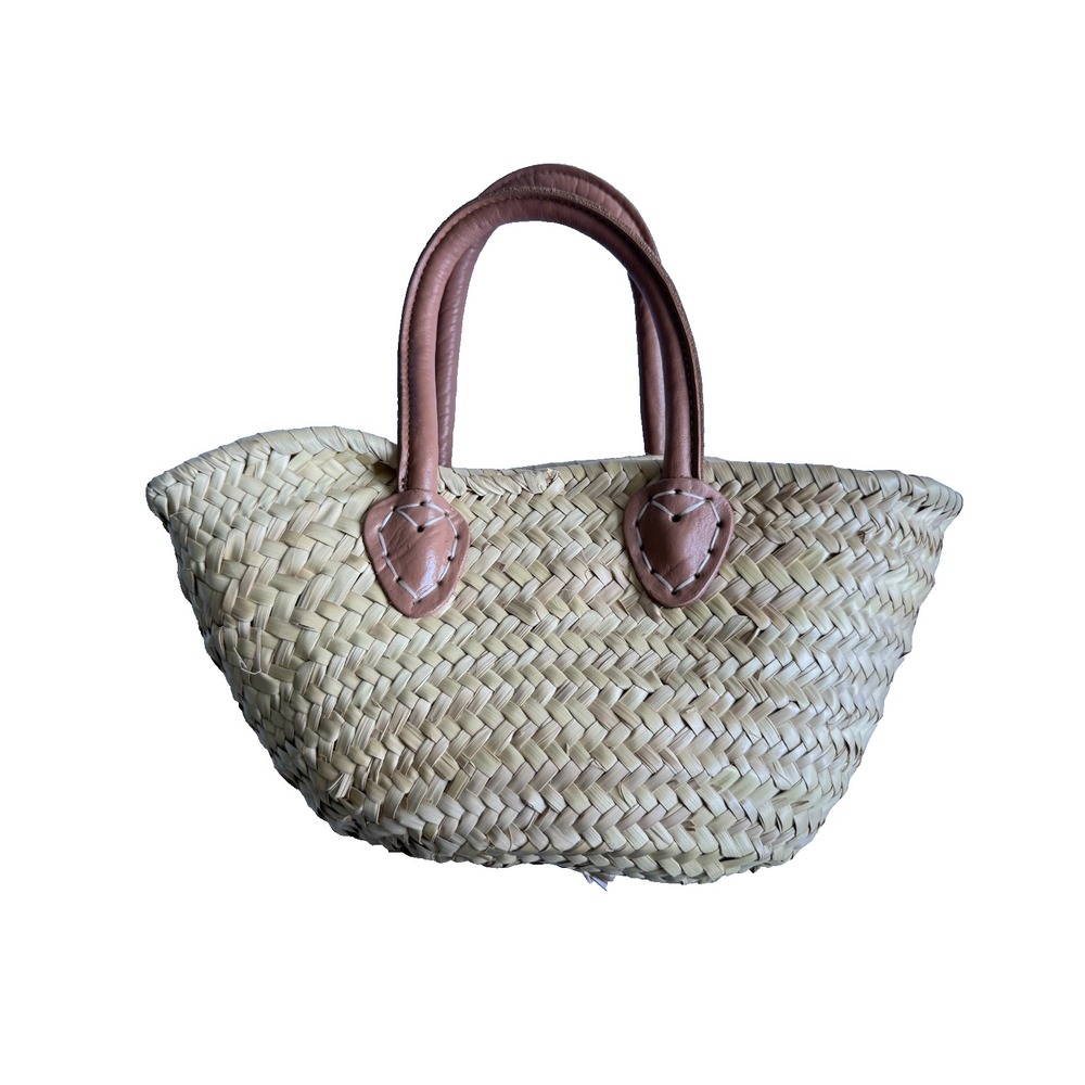 Handwoven Straw Tote Bag Natural Palm Basket Brown Leather‎ Handles Boho Beach